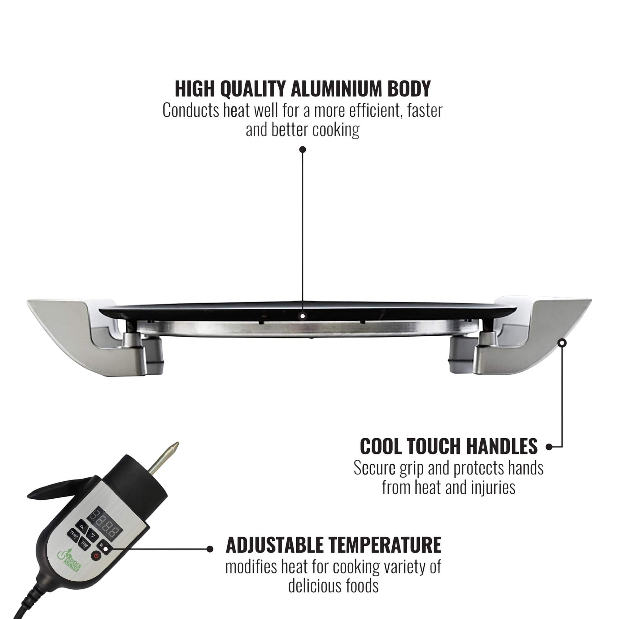 Grmawit Bella Mogogo electric injera maker featuring an aluminium body, cool touch handles, and temperature control.