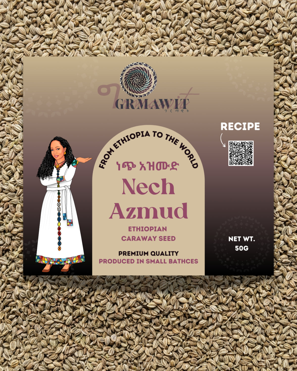 A 500g package of Grmawt Nech Azmud Ethiopian Caraway Seed, featuring a beige and brown label with a traditional Ethiopian woman illustration, set against a background of loose caraway seeds.